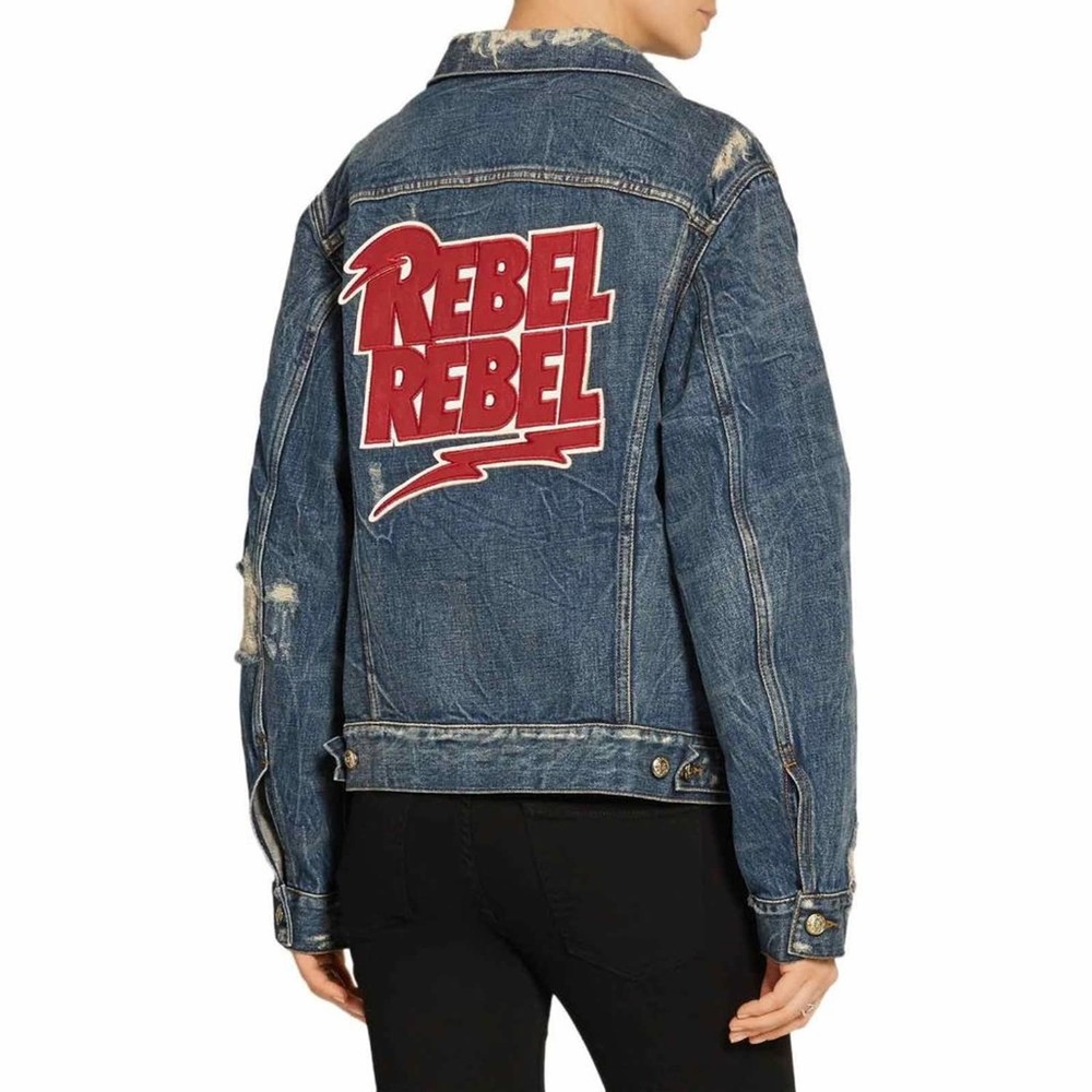 R13 Jacket Rebel Embroidered Distressed Blue Denim